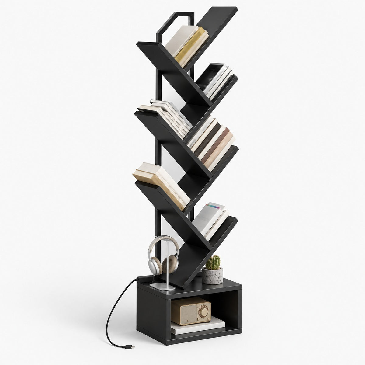 Bibliothèque arbre 6 niveaux noire avec éclairage LED, vue de trois quarts