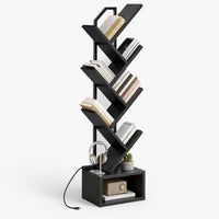 Bibliothèque arbre 6 niveaux noire avec éclairage LED, vue de trois quarts