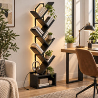Bibliothèque arbre 6 niveaux noire avec éclairage LED installée dans un bureau à domicile lumineux