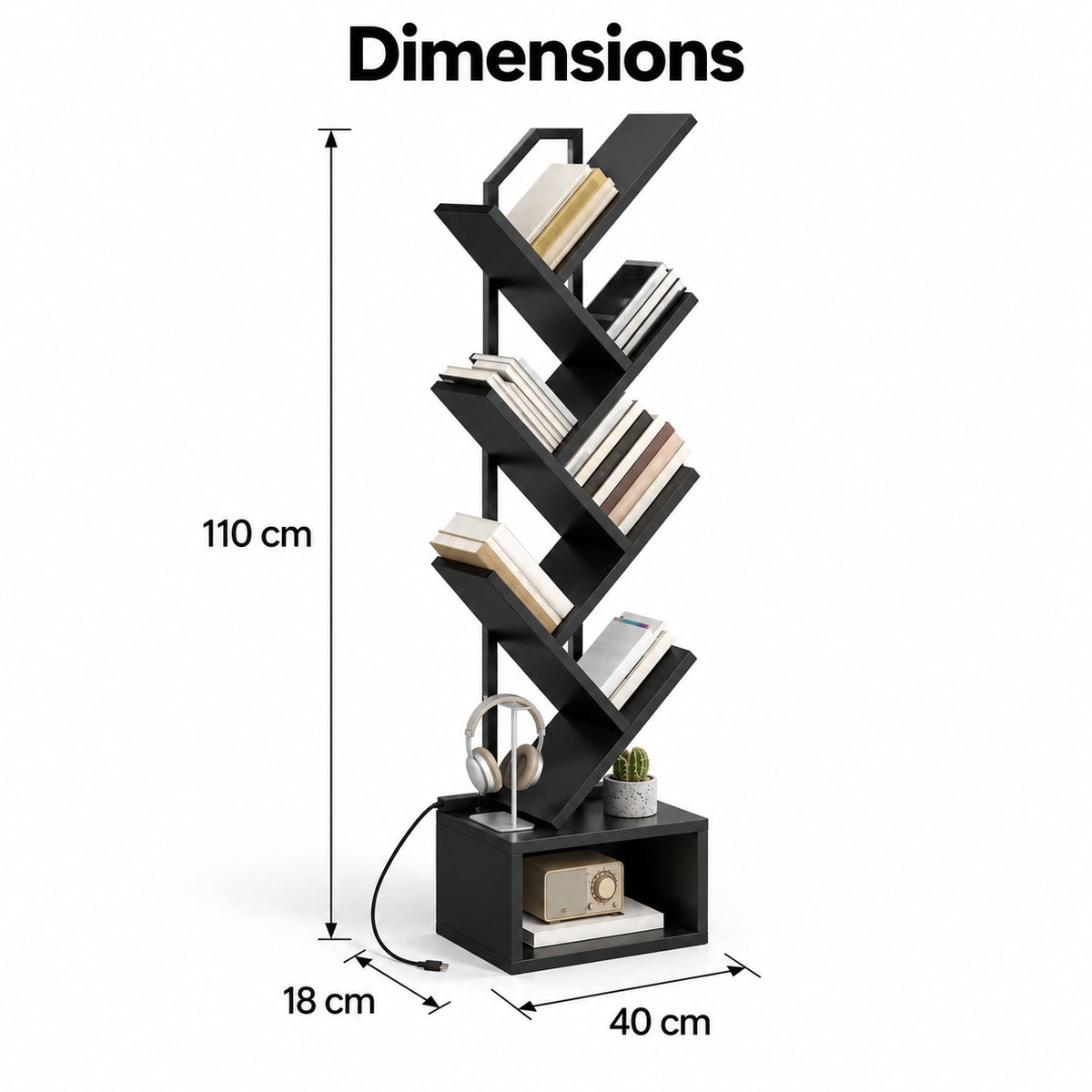 Dimensions de la bibliothèque arbre : 40 x 18 cm au sol, 110 cm de haut