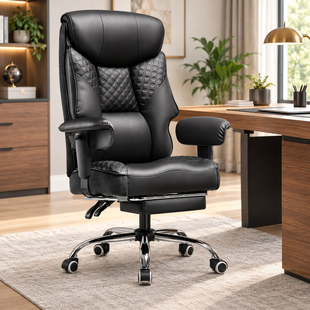 Fauteuil gaming renforcé 180 kg avec repose-pieds noir dans un bureau à domicile