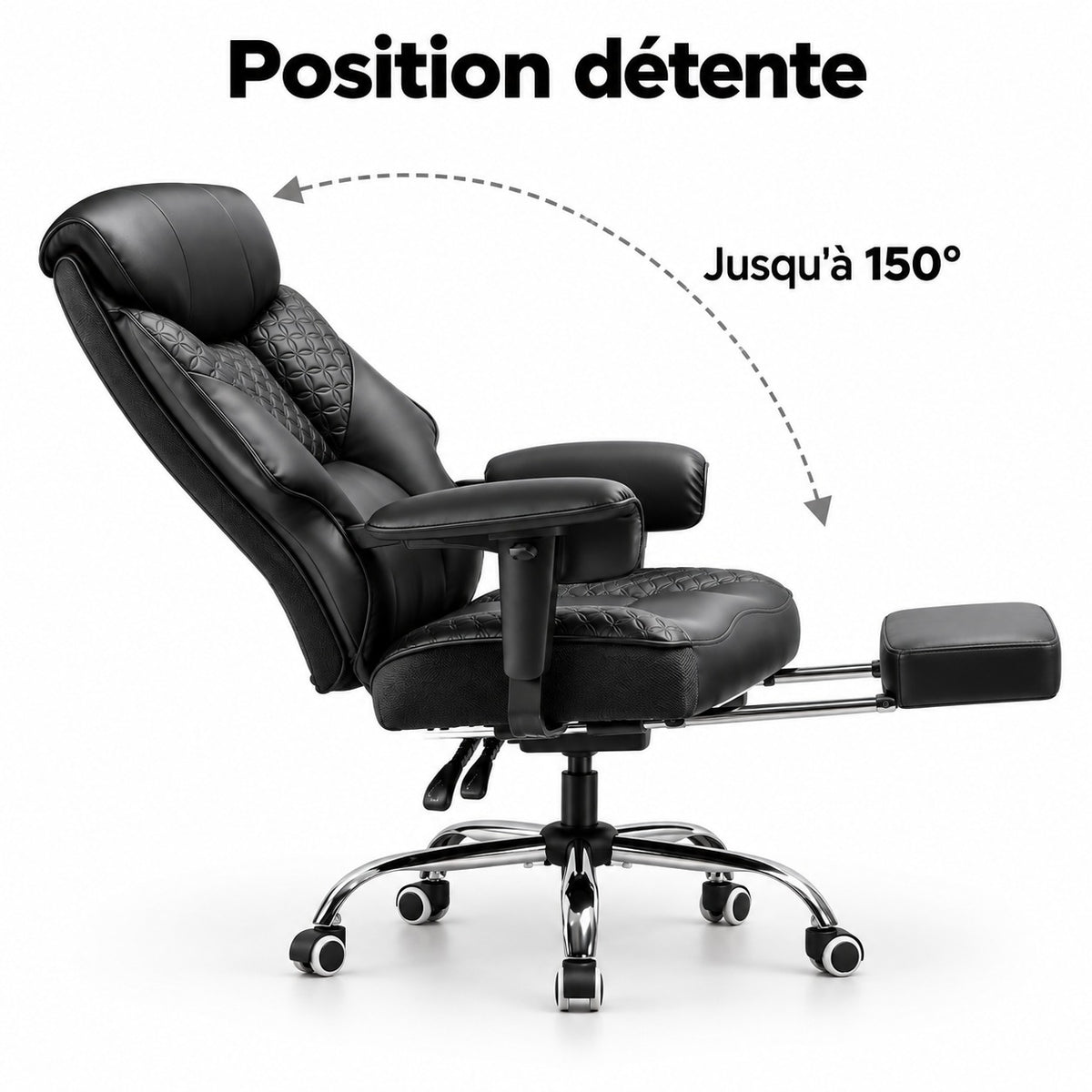 Fauteuil en position détente, dossier incliné jusqu'à 150° et repose-pieds sorti