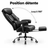 Fauteuil en position détente, dossier incliné jusqu'à 150° et repose-pieds sorti