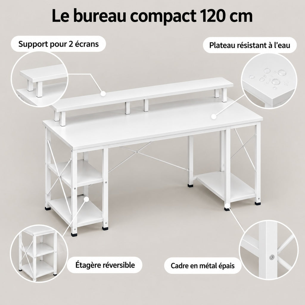 Points forts du bureau compact 120 cm blanc : support pour 2 écrans, étagère réversible, plateau résistant