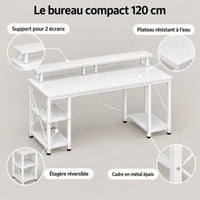 Points forts du bureau compact 120 cm blanc : support pour 2 écrans, étagère réversible, plateau résistant