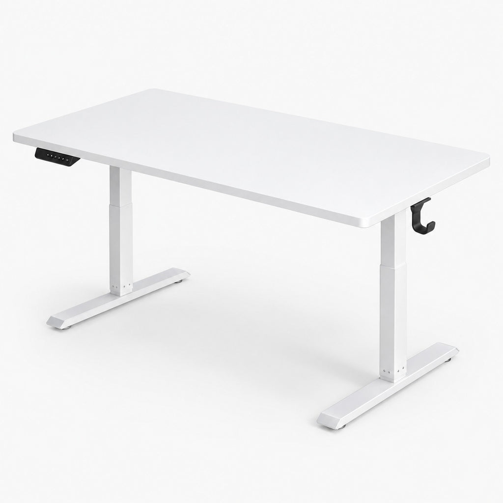 Bureau assis-debout électrique avec prise USB et crochet blanc, vue de trois quarts