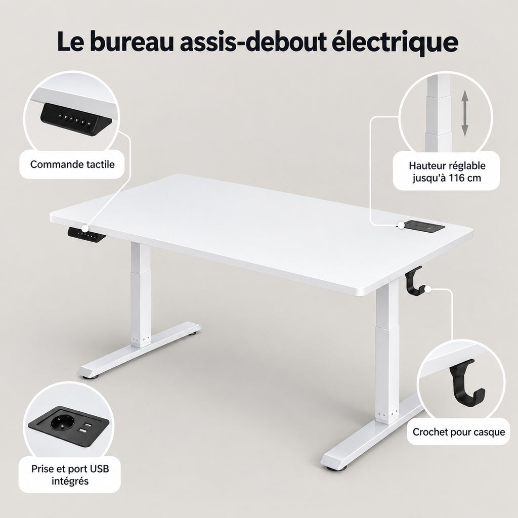 Points forts du bureau assis-debout : commande tactile, hauteur jusqu'à 116 cm, prise et port USB, crochet pour casque