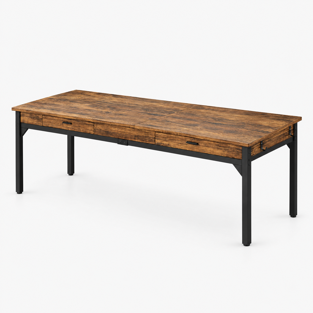 Bureau double 200 cm marron rustique avec 2 tiroirs, vue de trois quarts sur fond gris clair