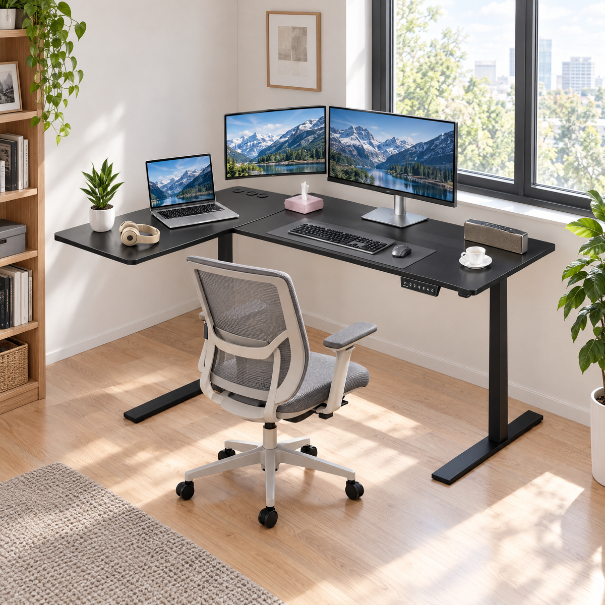 Bureau d'angle électrique 160 x 120 cm noir installé dans un bureau à domicile lumineux