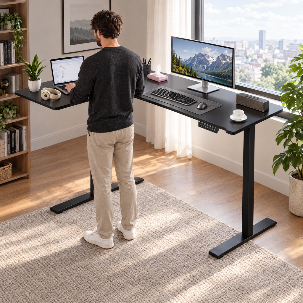 Homme travaillant debout au bureau d'angle électrique noir, vu de trois quarts dos