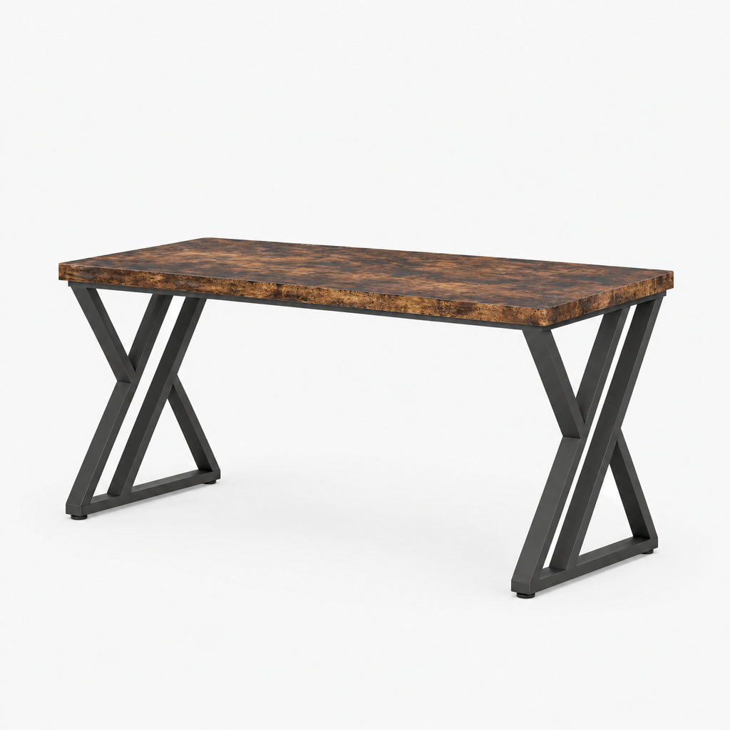 Bureau 140 x 60 cm style industriel avec pieds en métal, vue de trois quarts