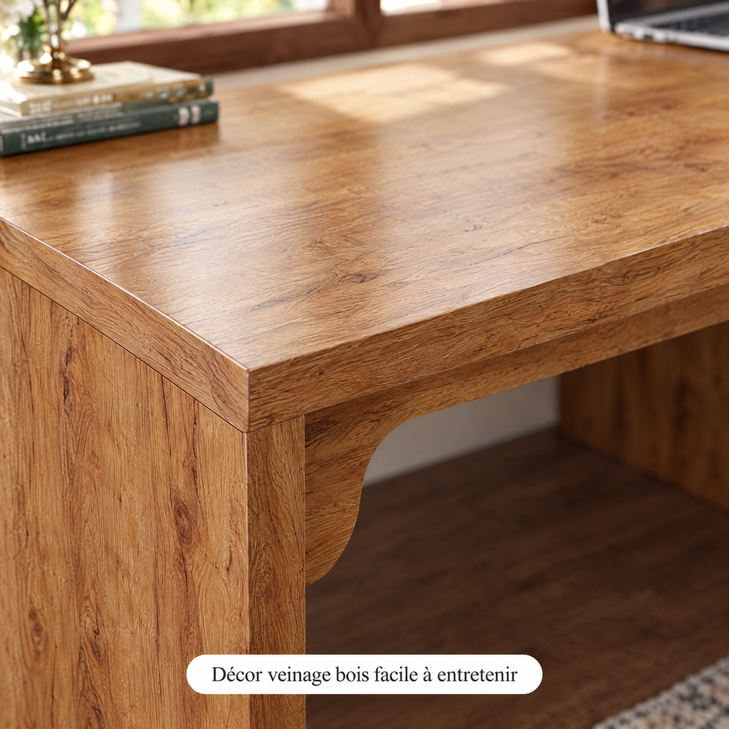 Gros plan sur le décor veinage bois du plateau