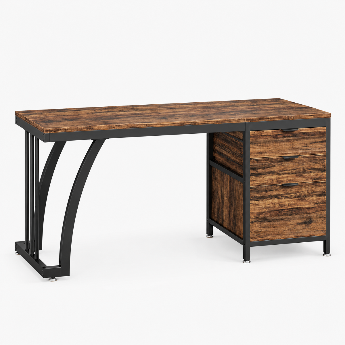 Bureau 150 cm style industriel avec caisson 3 tiroirs, vue de trois quarts