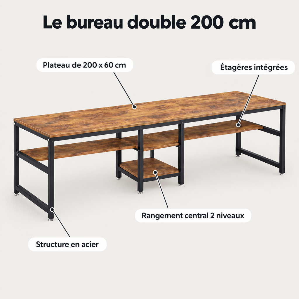 Avantages du bureau double 200 cm : plateau 200 x 60 cm, étagères intégrées, structure en acier