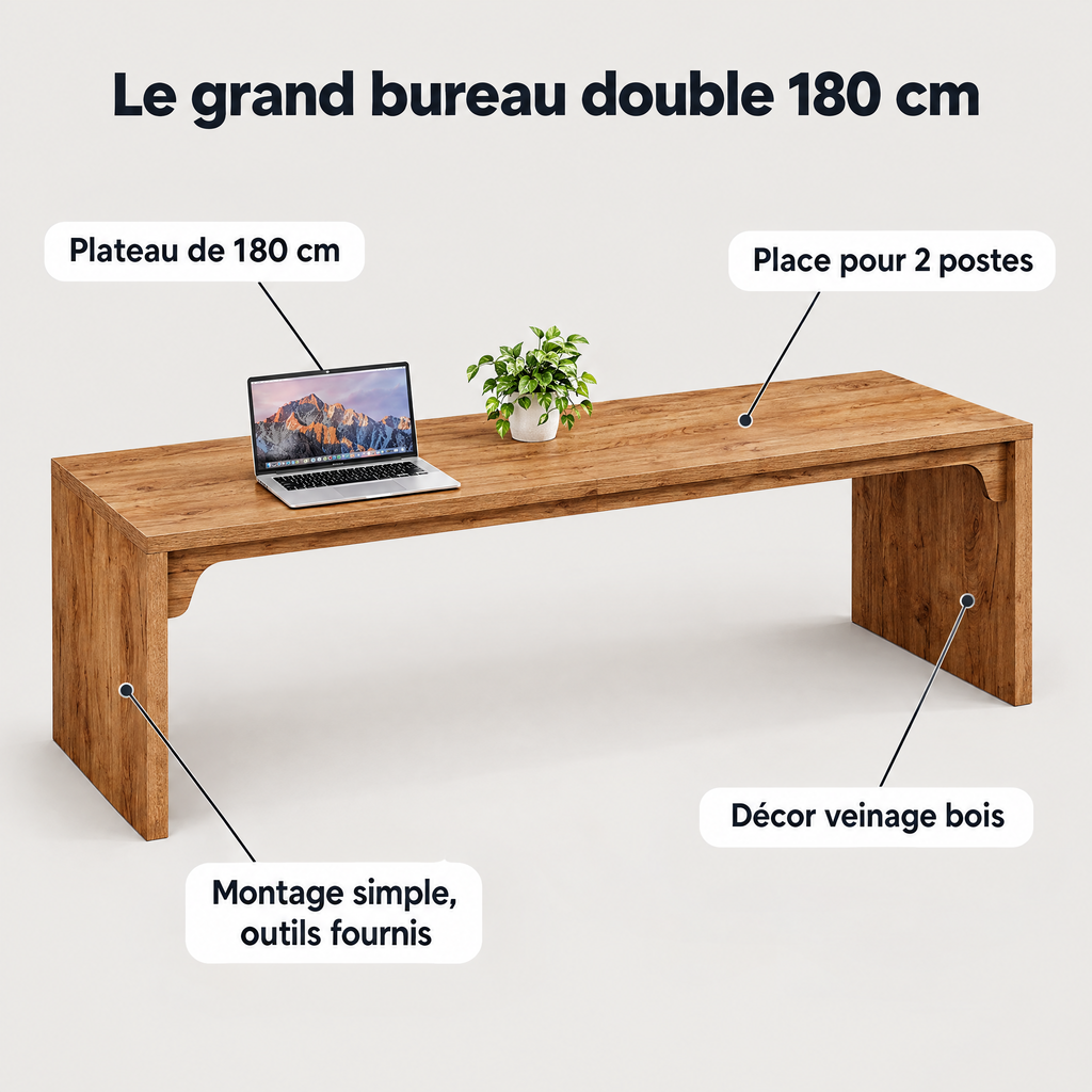 Points forts du bureau double 180 cm : plan de travail pour deux postes, panneau à faibles émissions, renforts en métal
